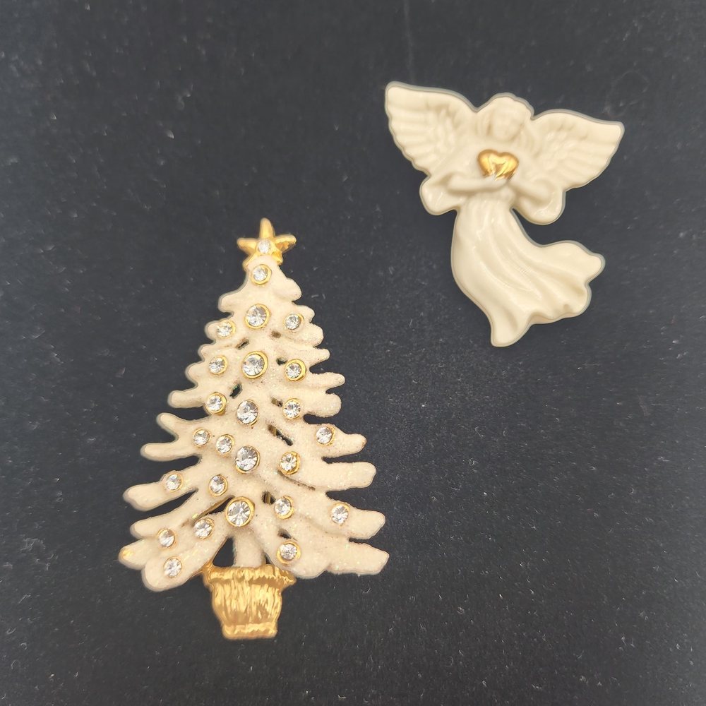 Winter White Christmas Tree and Lennox Angel Brooches